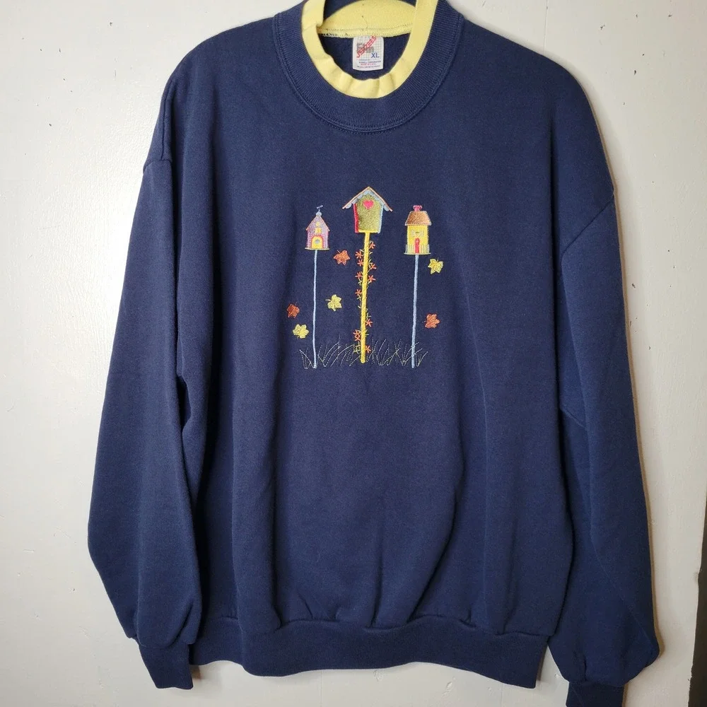 Vintage Jerzees Navy Blue Embroidered Birdhouse Sweatshirt Womens XL Made in USA